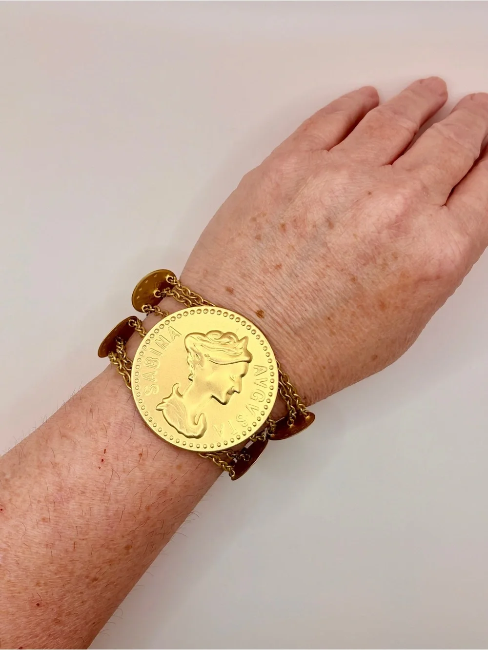 Bold Gold Tone Sabina Augusta Costume Coin Statement Bracelet